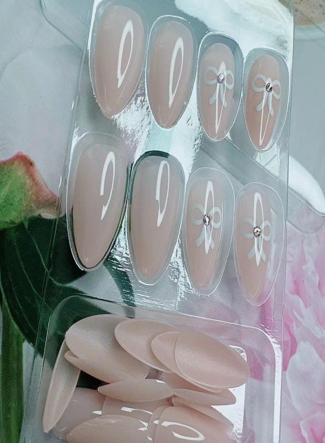 BSBTBZ Light Pink Press on Nails Short, Glossy Solid Color Fake Nails, Full Cover False Nails Design with Bow Tie Short Nude Sweet Stick on Nails for Women&Girls Nail Art Decorations 24Pcs - Image 5